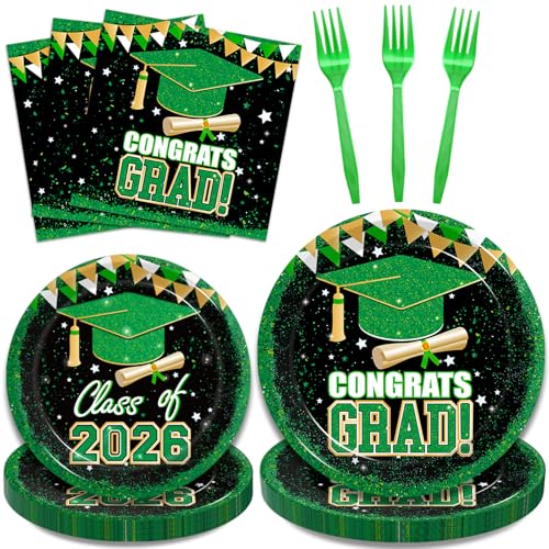 Kepeel 96 Pcs Graduation Party Paper Plates Napkins, Green Gold Class of 2026 Congrats Grad Party Decorations Supplies Disposable Dinnerware Tableware Set for College High School, Serves 24