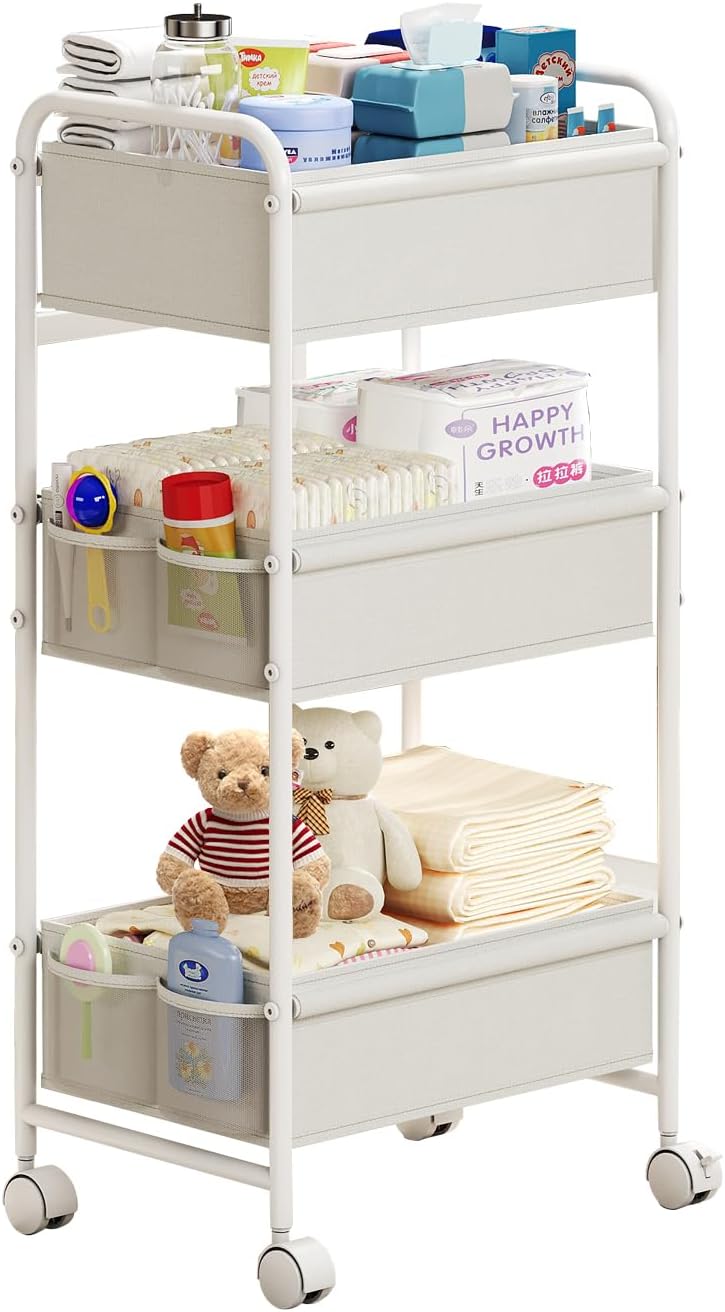 3-Tier Baby Diaper Caddy Cart Organizer with 2 Dividers & 8 Mesh Pockets - Mobile Nursery Storage Cart with Wheels, Durable Metal Utility Cart for Nursery, Bedroom, Bathroom Essentials Organization