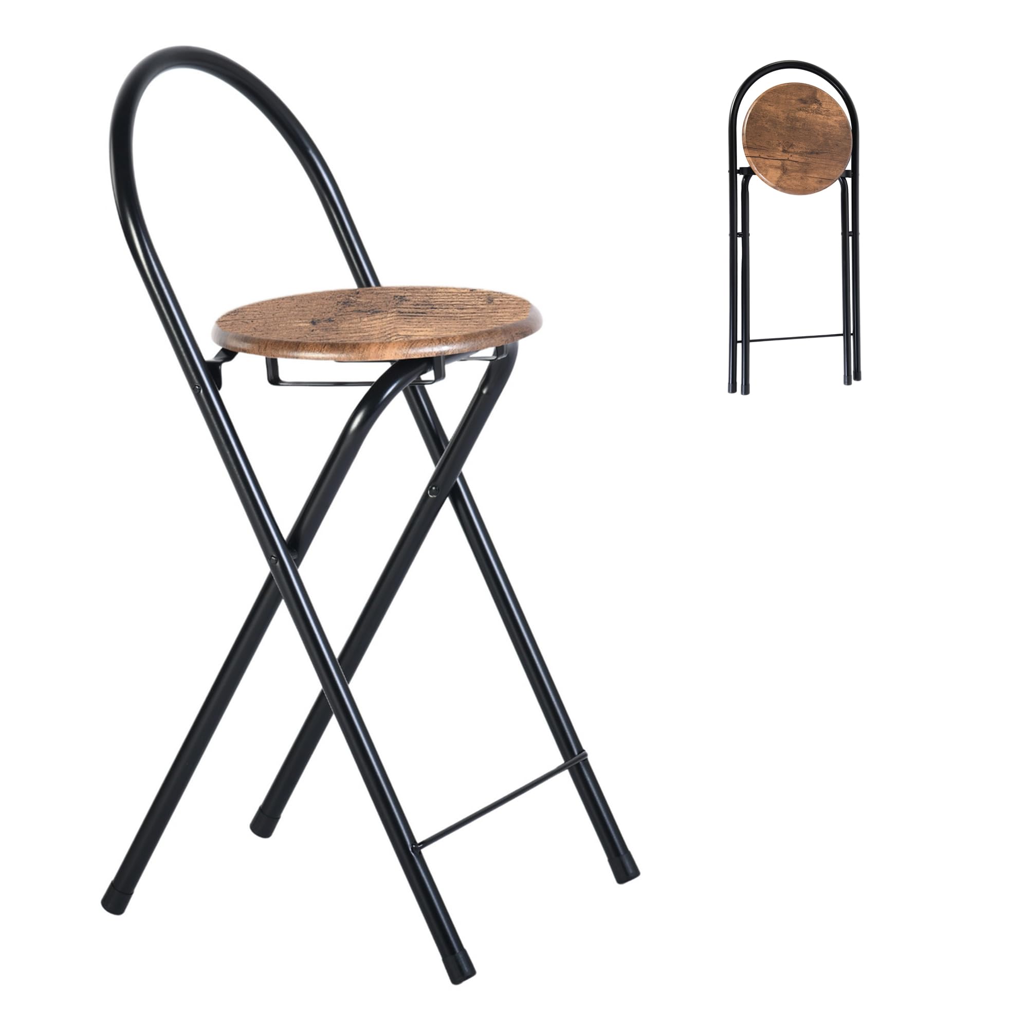 Juego de 2 Taburete Alto Plegable Bar con Respaldo, Banqueta y Silla Plegable de Madera para Interior y Exterior en Cocinas/Bares/Bistrós/Camping/Asiento Marrón/Altura Asiento 55CM