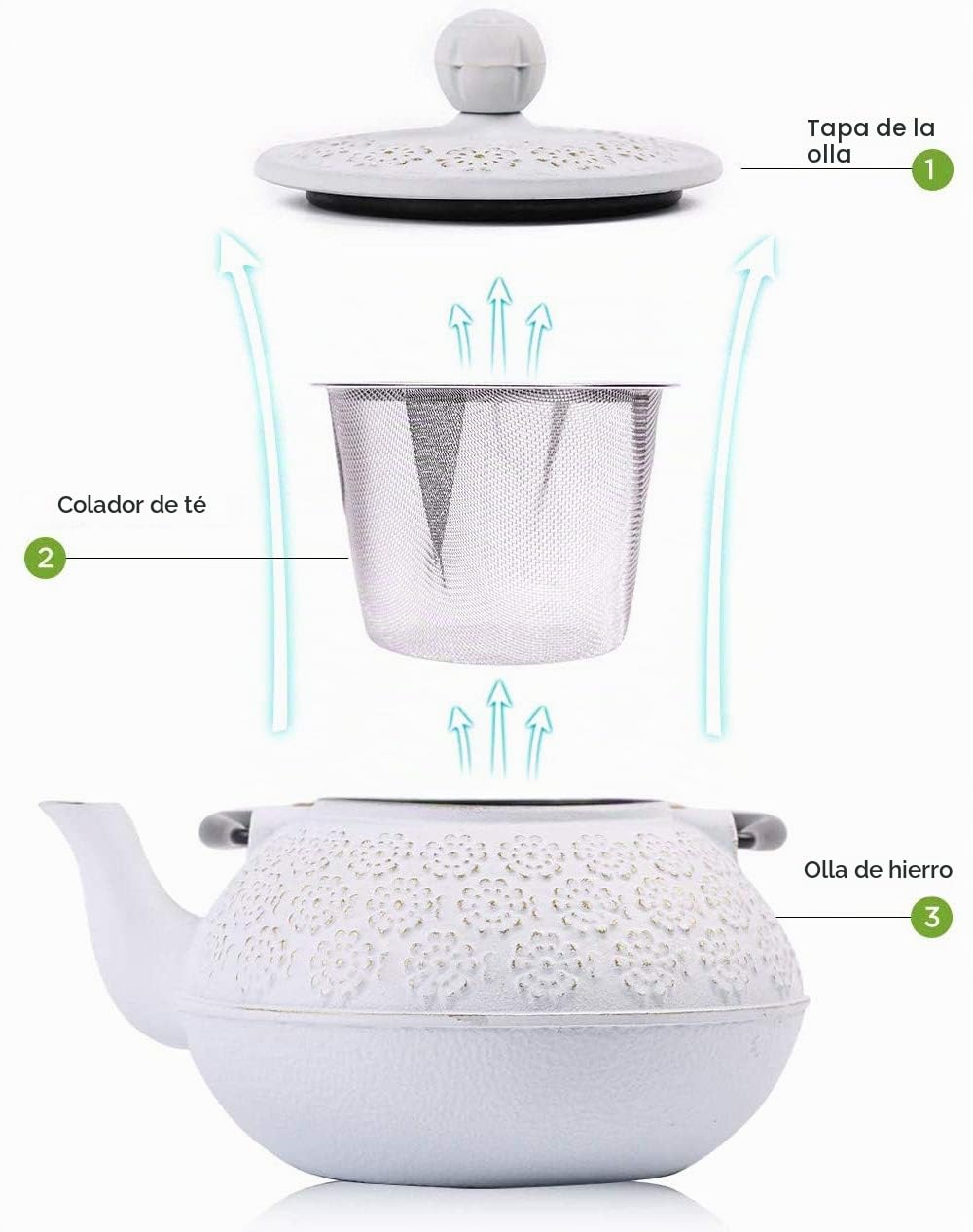 Tetera de hierro fundido japonesa tetsubina con colador de té, 800 ml, color blanco