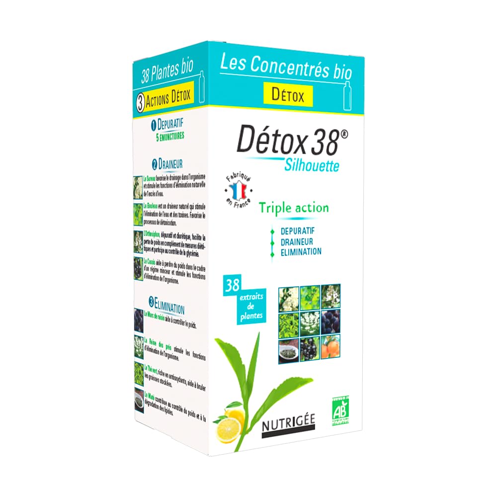 NUTRIGÉE - Détox 38 - Boisson Concentrée Bio - Triple Action - Drainage, Élimination et Purification – 30 Plantes Bio – Anti-Rétention d’Eau et Anti-Cellulite – Complément Liquide Naturel – 300 ml