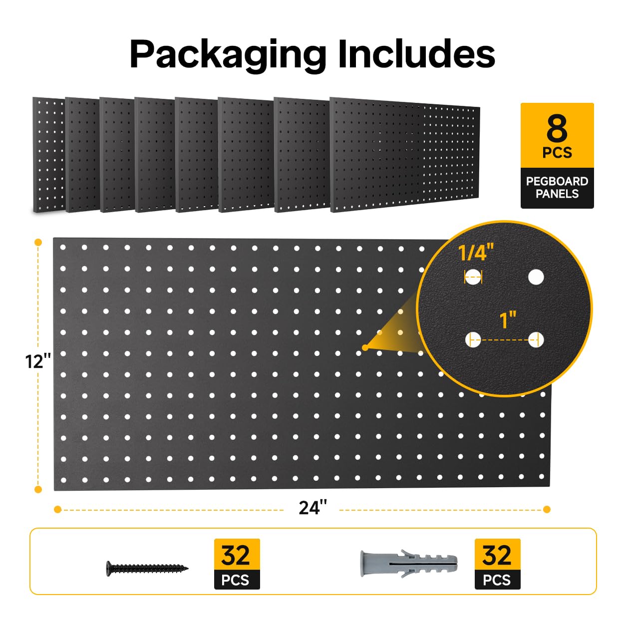LiSHELF 8 Pack Metal Pegboard Panels, 12 x 24 Inch Heavy Duty Wall Peg Board Organizer, Modular Tool Storage Board for Garage, Workshop, Craft Room, Kitchen