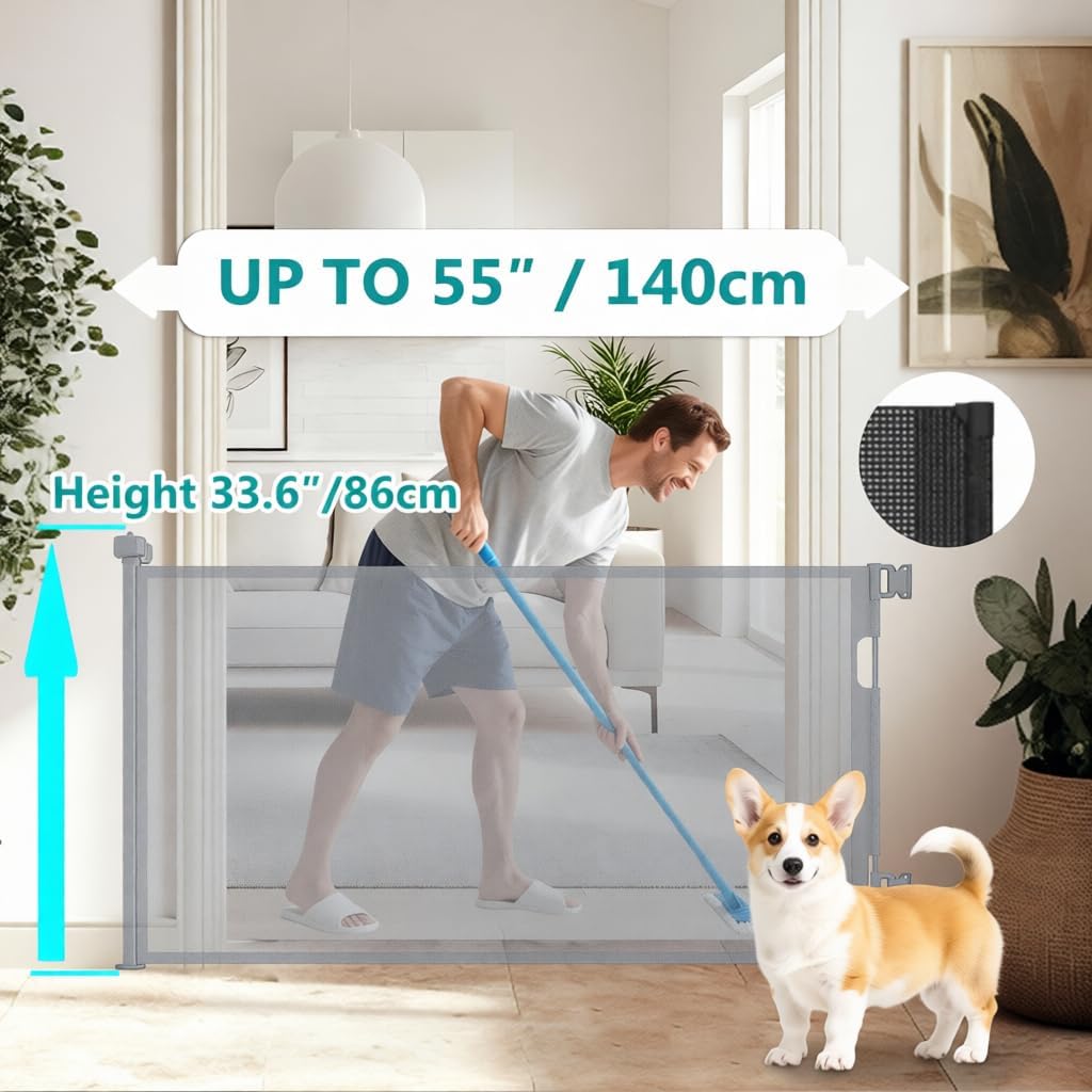 retractable baby gate,mesh baby gate or mesh dog gate,34" tall,extends up to 55" wide,child safety gate for doorways, stairs, hallways, indoor or outdoore (gray, 55''wide 34''tall) gray 55''wide 34''tall
