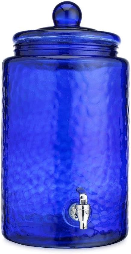 Dispensador de bebidas frías de vidrio martillado clásico de vidrio duradero, azul cobalto, grande, 3 galones con boquilla de boca ancha, fácil de llenar para exteriores, fiestas y uso diario