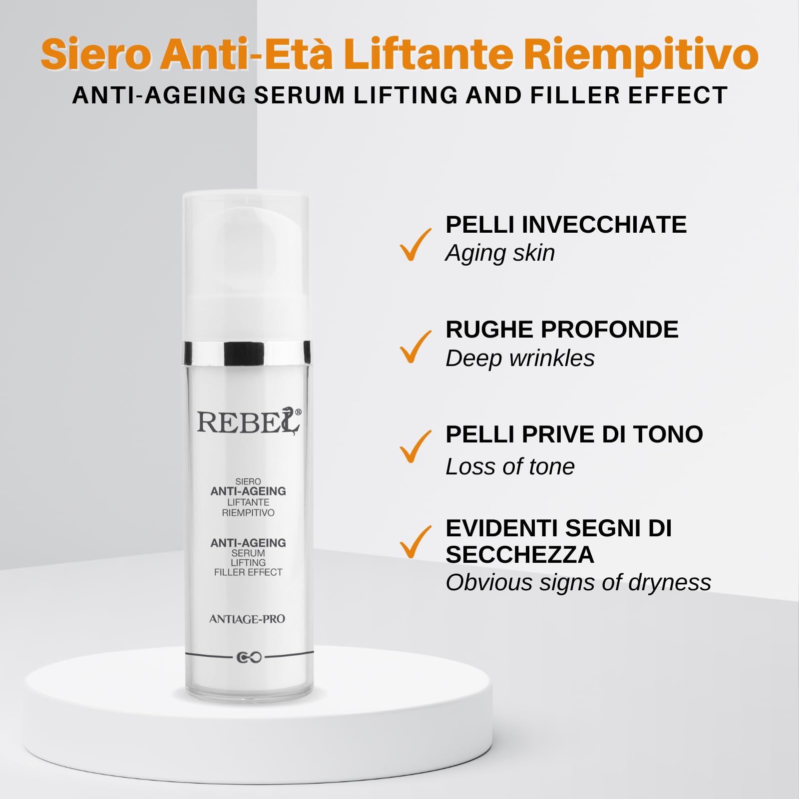 Rebel Antiage Pro Siero Antiageing | Liftante e Riempitivo | Trattamento Rughe Marcate | Con Acido Ialuronico a 3 Pesi Molecolari | Flacone Airless 30 ml