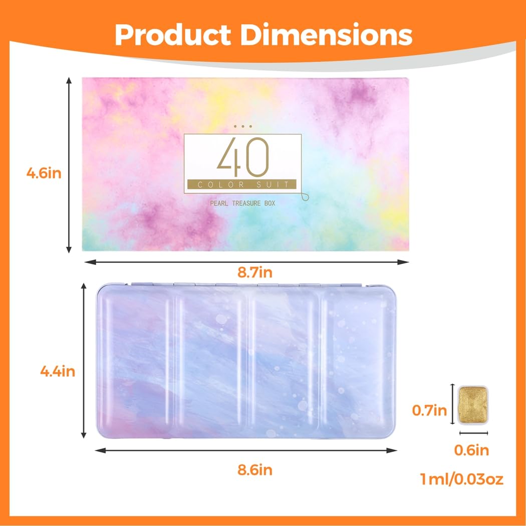 Fournitures artistiques pour artistes, débutants, amateurs, étudiants, kit de peinture aquarelle nacrée, 40 couleurs pailletées dans une boîte en étain, ensemble de peinture aquarelle