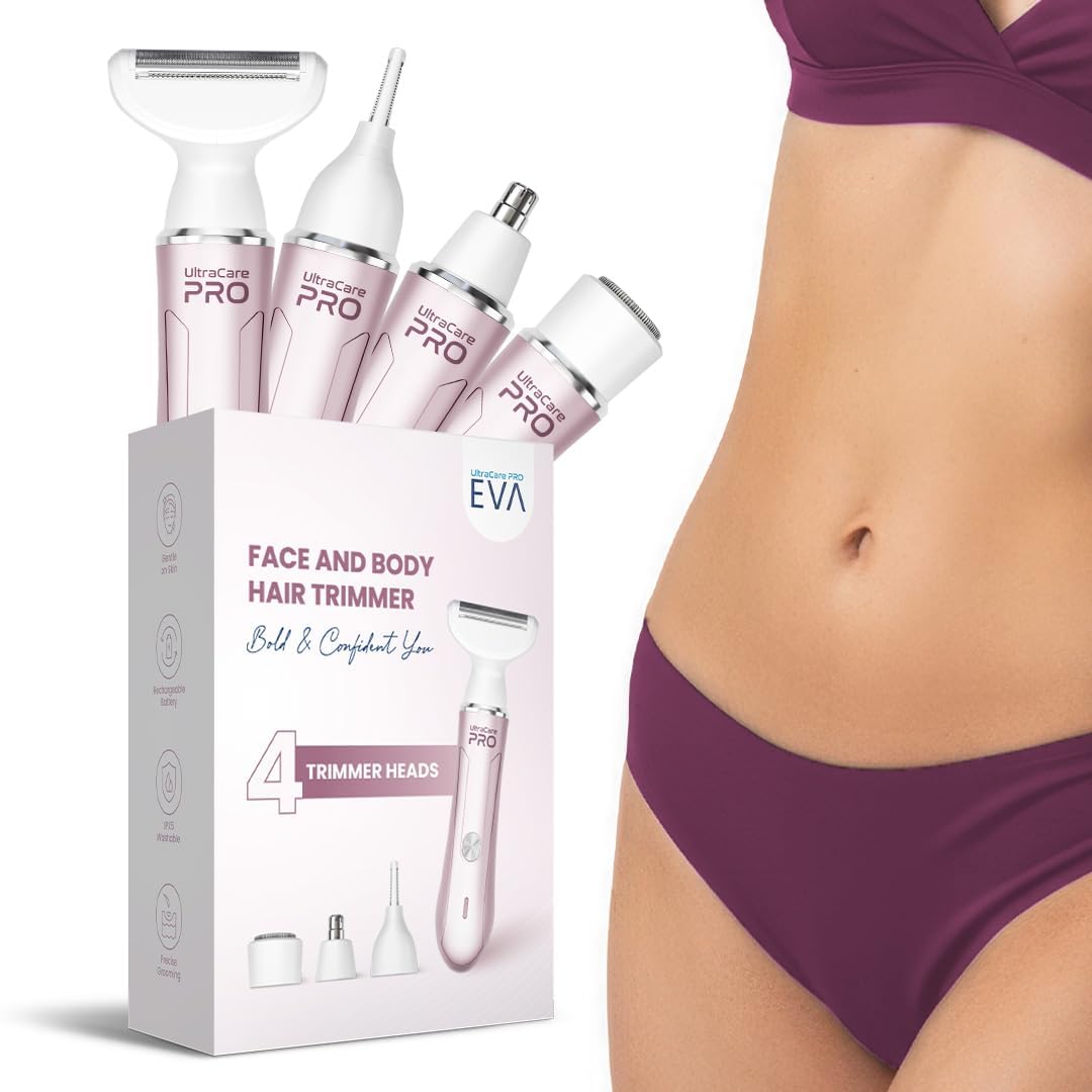 UltraCare PRO EVA Trimmer for Women - 4 Heads - Rechargeable - Water Resistant - Bidirectional Blades for Smooth & Glowy Skin - Easy hair removal for face, leg, eyebrow, underarm & bikini area