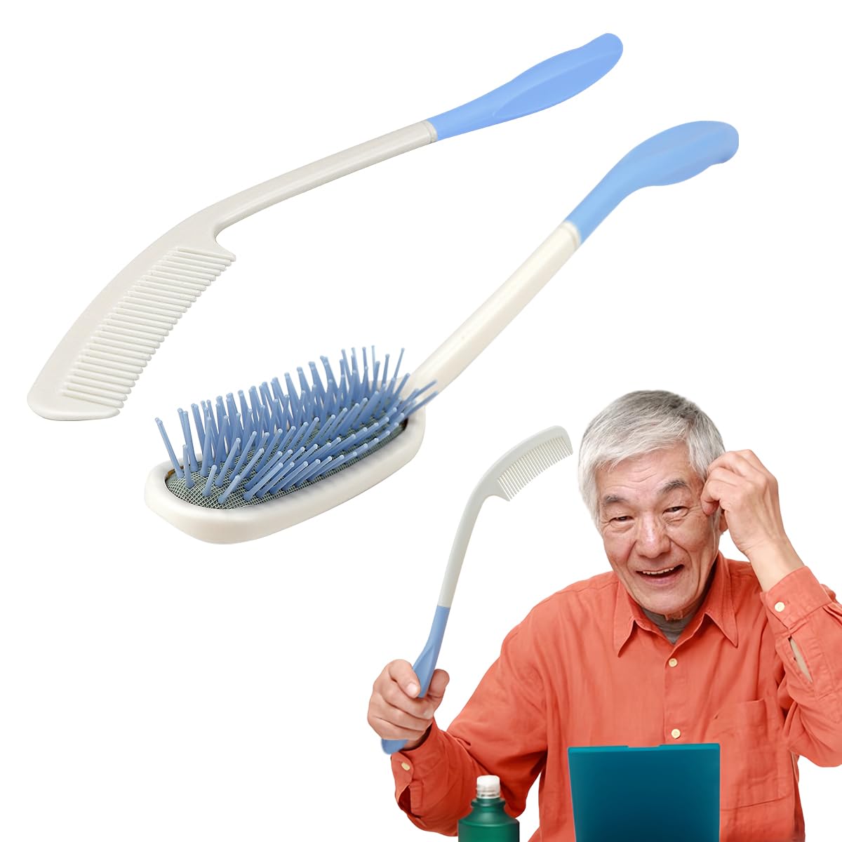 2PCS Long Reach Handled Comb and Hair Brush Set for Adults, Children, the Elderly and Inconvenient Upper Limb Activities, 14Inch