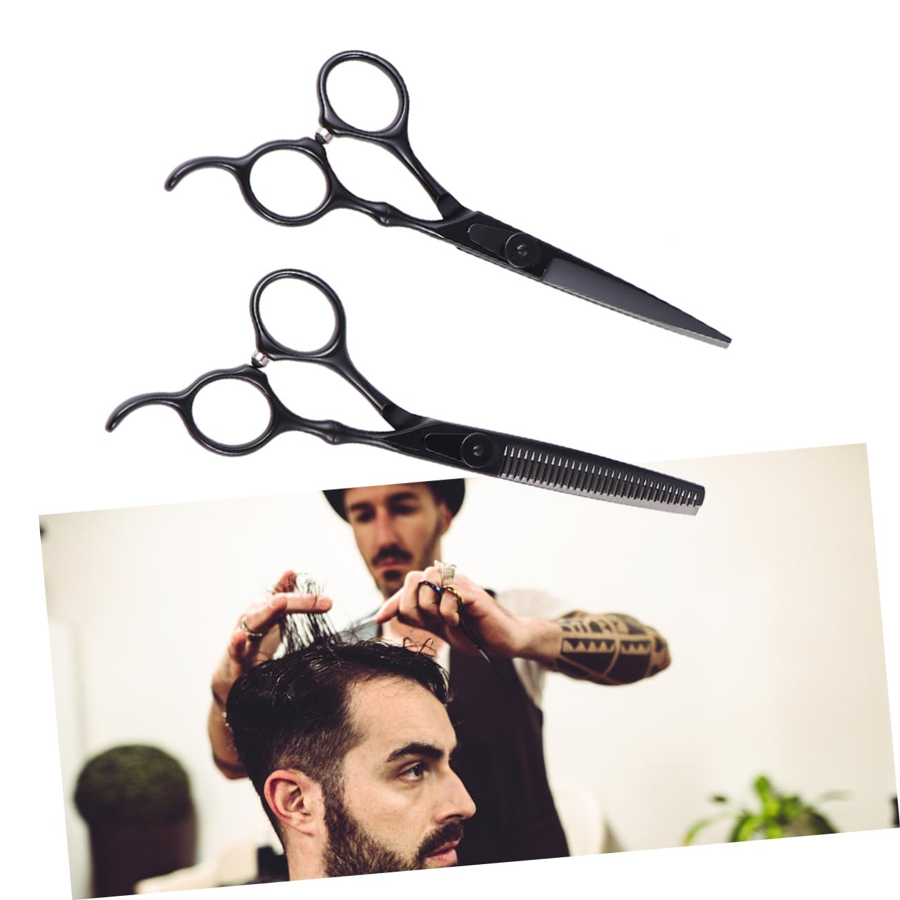 Set Forbici Professionali Taglio Chioma 2 Pezzi Nero Acciaio | Pettine Incluso, Impugnatura Ergonomica, per Casa e Salone, Prevenzione Danni ai Chioma
