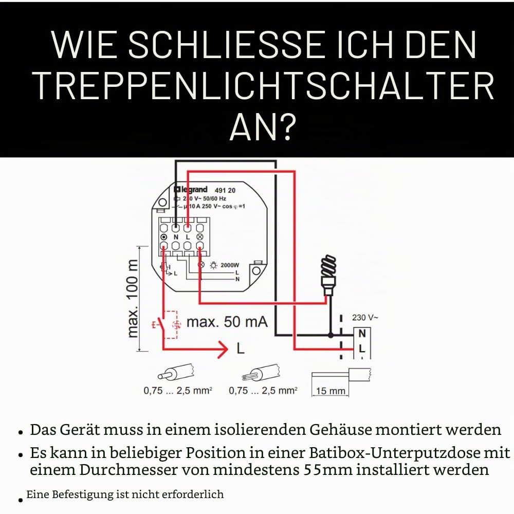 Legrand 049120 Stromstoßschalter, einpolig, akzeptiert, 50 mA, 10 AX, 230 V, 50 Hz bis 60 Hz