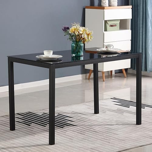 Black Glass Dining Table, Tempered Glass Top Table Metal Legs Rectangular for Small Kitchen Dining Room Living Room 4 People