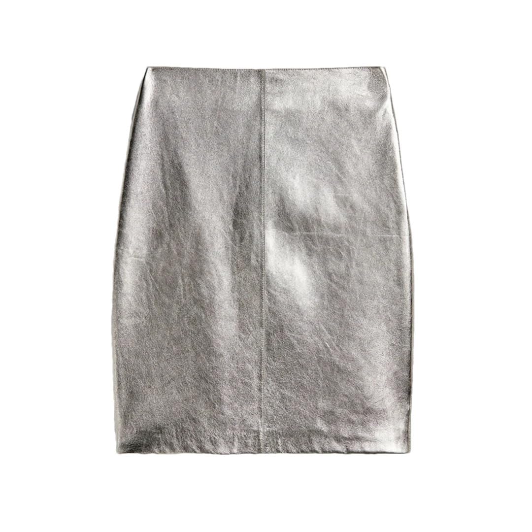 Damska skórzana srebrna spódnica midi Slim Fit Metal Gloss Brillant Sheepskin Short Wrap