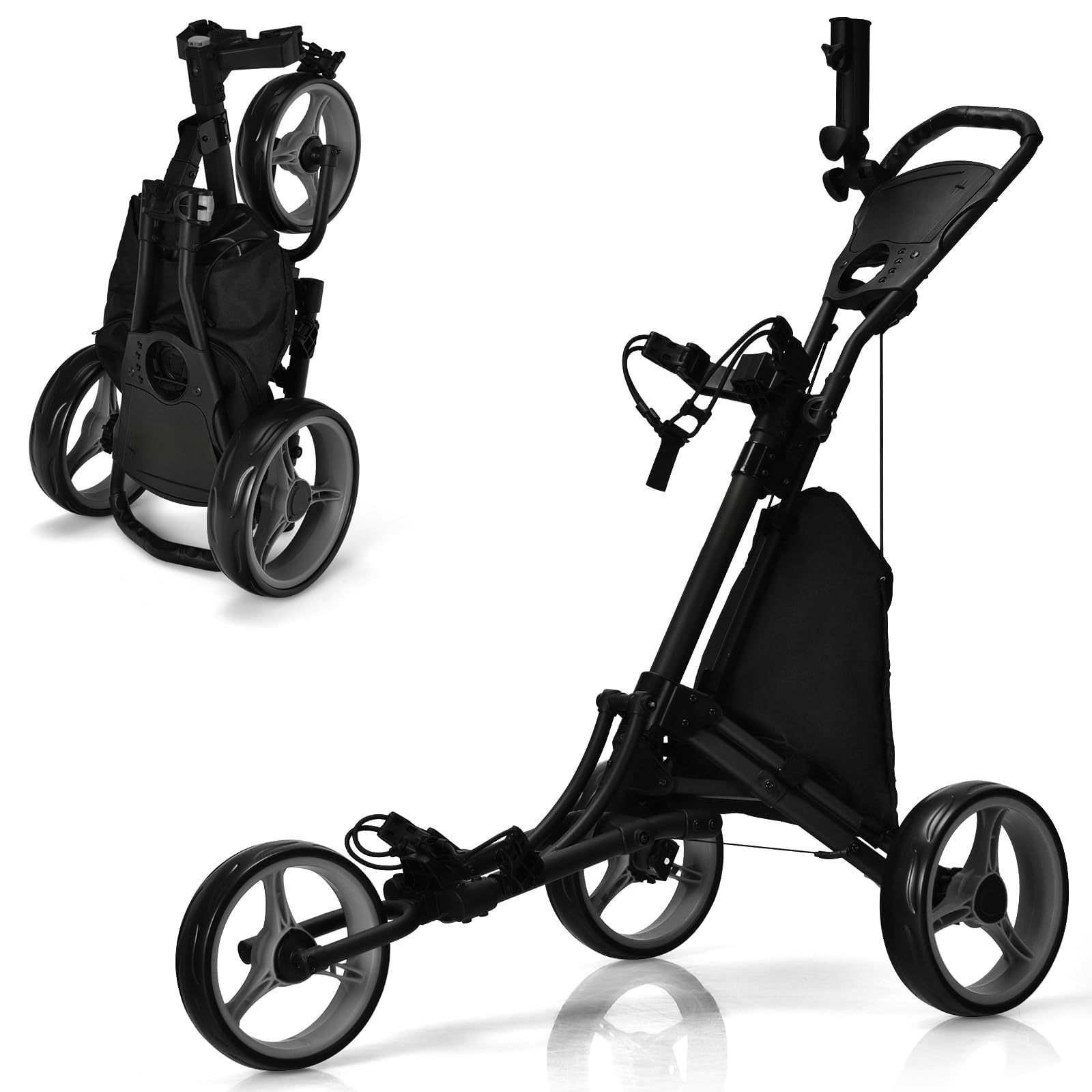 GYMAX Carro de Golf Plegable 3 Ruedas con Asa Ajustable, Soporte Paraguas y Portavasos