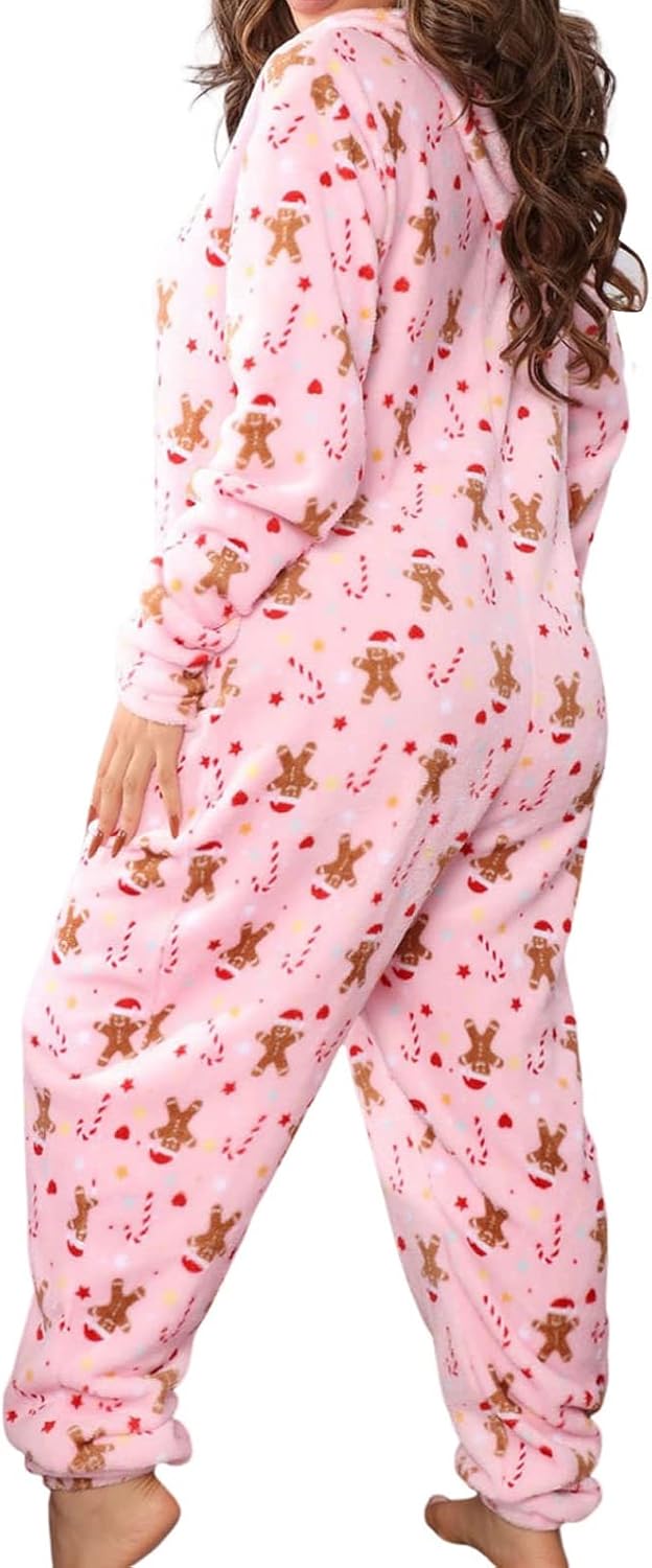 KMBANGI Christmas One Piece for Women Fleece Hooded Jumpsuit Zipper Romper Sexy One Piece Pajama Funny Holiday Sleepwear - Image 2