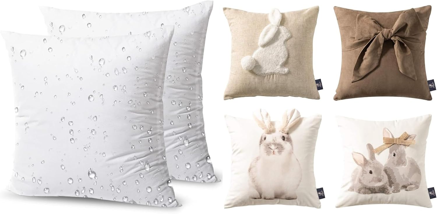 Phantoscope Bundle - Outdoor Pillow Inserts (Pack of 2) & Easter Throw Pillow Case Cushion Cover Wonderful Rabbits Throw Pillow Covers(Pack of 4), Couch Sham Cushion Stuffer, 18 X 18 inches