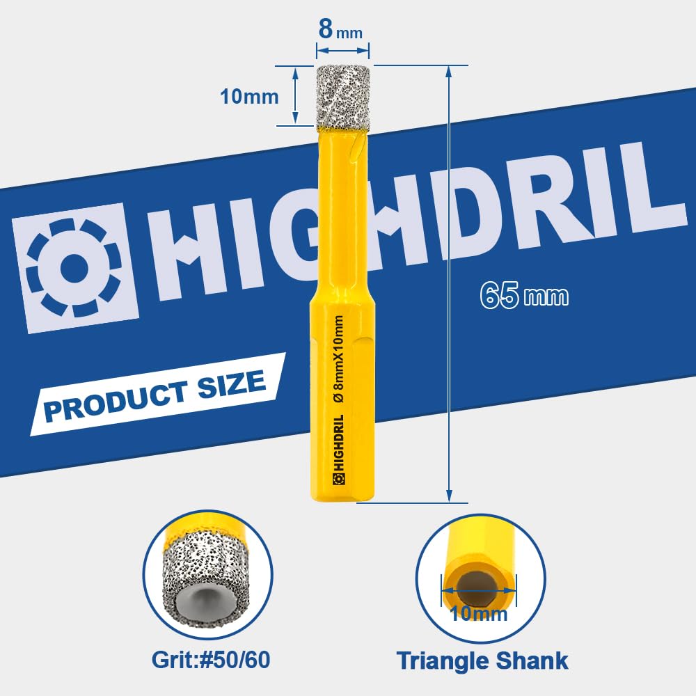 Dry Diamond Core Drill Bit,HIGHDRIL 5Pcs Diameter 8mm 5/16" with Triangle Shank Vacuum Brazed Hole Saw for Concrete Granite Marble Glass Porcelain Tile Masonry Brick
