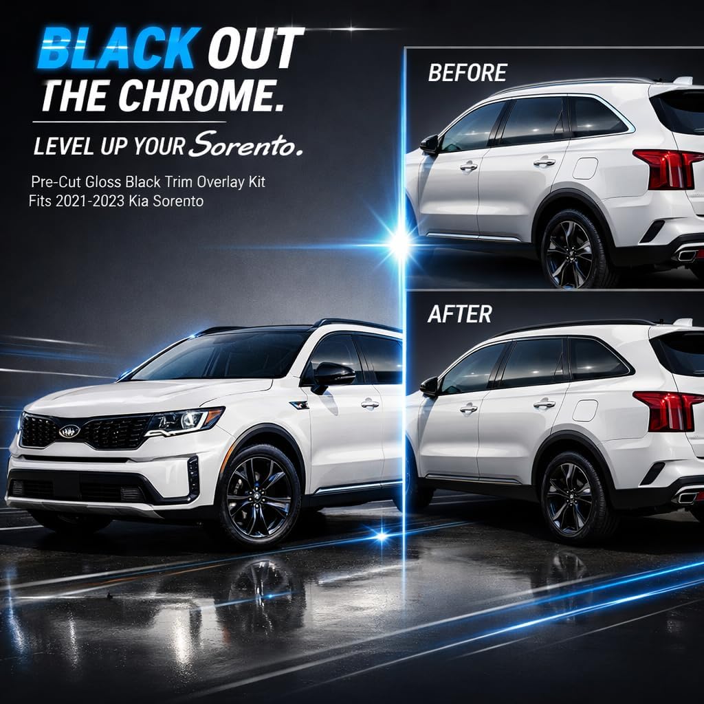 Side Window Trim Chrome Delete Overlay fit for 2021 2022 2023 2024 Kia Sorento Vinyl Wrap Kit with Gloss Black Blackout Film Accessories