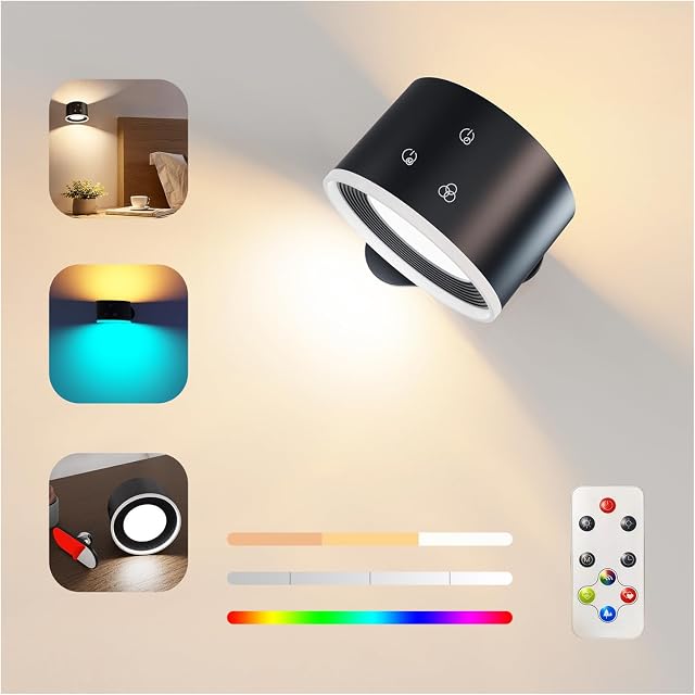 Wall Light Indoor, Wall Lamp with Remote Control Dimmable RGB Ambient Lighting with Rechargeable Battery, 1-Hour Timer Function Touch Control 360° Rotatable Up and Down Light (Black+7 RGB Light)