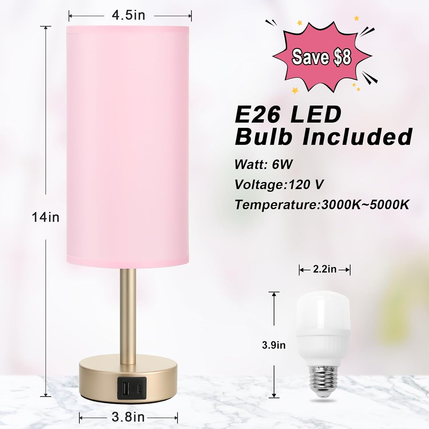 Small Table Lamp for Bedrooms - Bedside Lamps for Nightstands, Minimalist Night Stand Light with round fabric shade, Desk Reading Lamps for Children's room, Living room, Offices,Dorm (Pink and Gold)