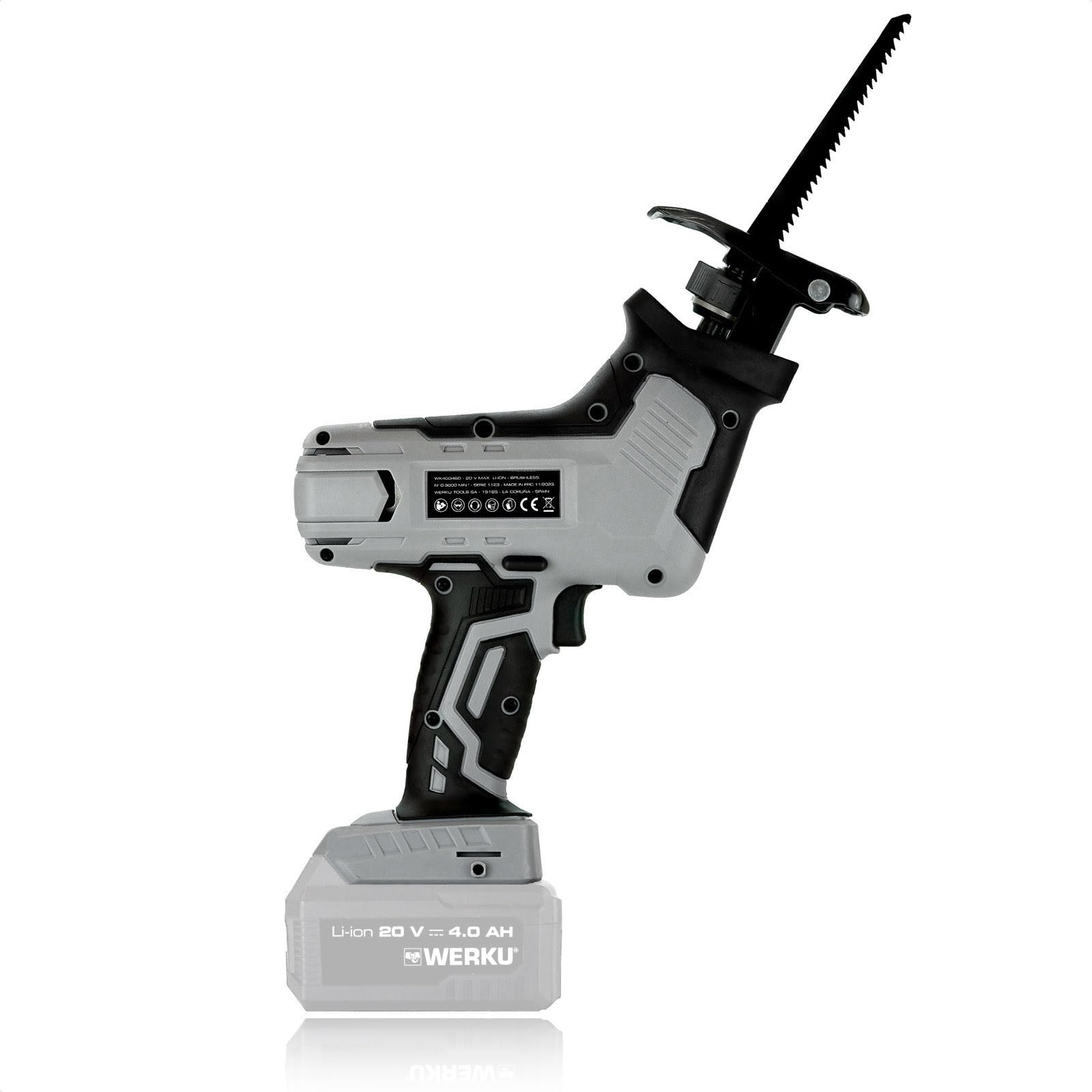 Werku WK403460, Sierra Sable Inalámbrica, Calidad Profesional, Potencia 20 V, Sistema Luz LED Visión, Incluye 2 Hojas Sierra, No Incluye Batería y Cargador
