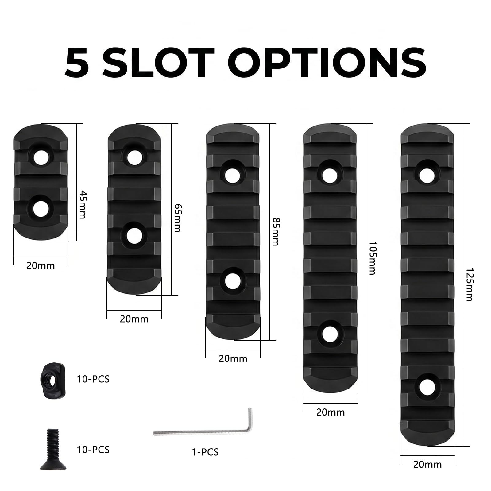 5PCS 20mm Picatinny Rail per M-Lok,Picatinny Rail 3/5/7/9/11 Slots con Chiave Allen a L,10 Dadi a T e 10 Viti,per Mirini Torce Elettriche Impugnature Imbracatura Supporti,Nylon,Nero