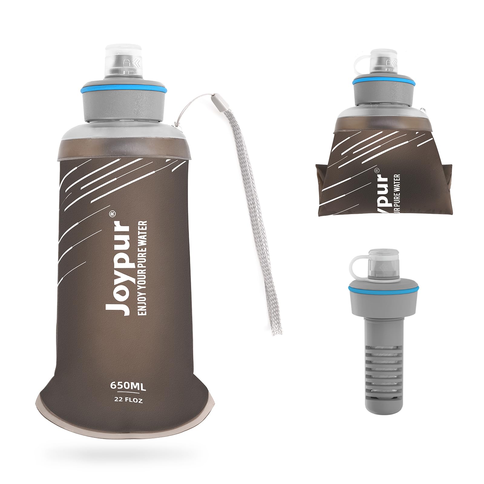 joypur Water Filter Survival - Collapsible Water Bottle with Filter 0.01 Micron Squeeze Filtered Water Bottle 22oz for Hiking Backpacking Camping BPA-Free(Grey 650ml)