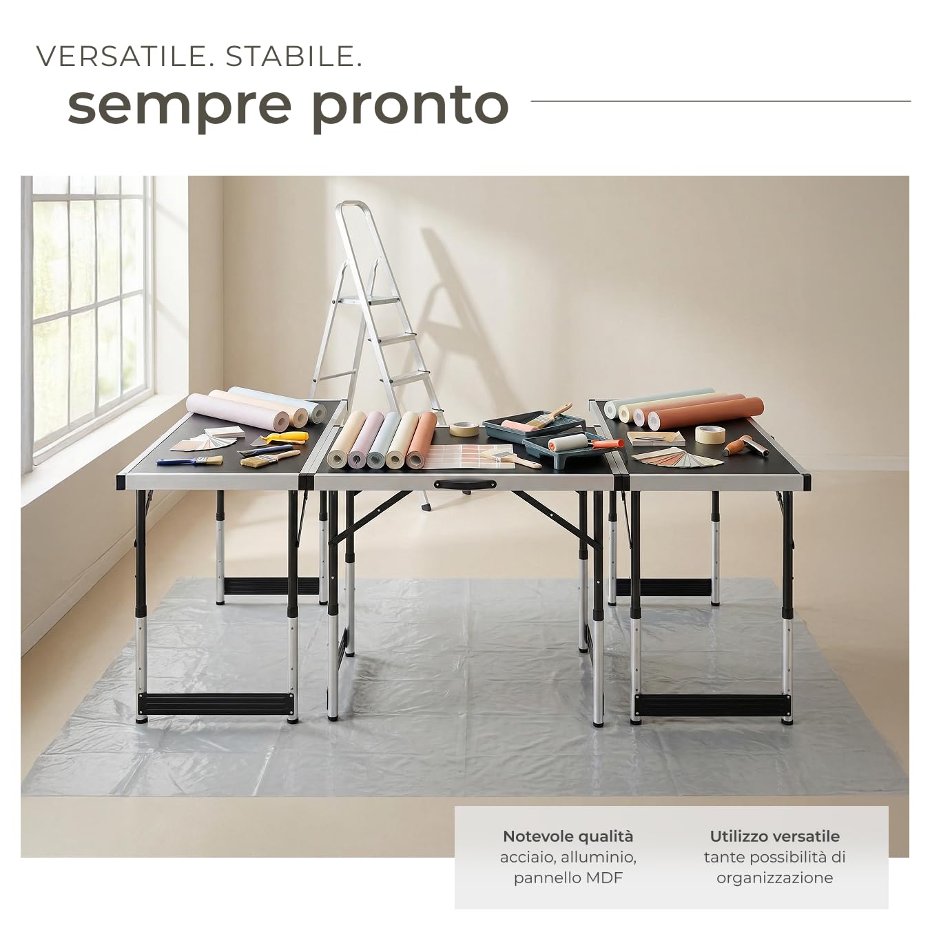 tectake® Tavolo da Lavoro Pieghevole in Alluminio, Multifunzionale, 300x60 cm, Tre Pezzi, Tavoli Pieghevoli da Lavoro, Regolabili, Tappezzeria, Feste, Campeggio, Stabili, Montaggio Rapido, Peso 11 kg