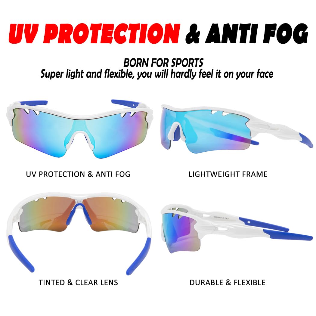 Itscool Occhiali da sole sportivi polarizzati per uomo e donna con 5 lenti intercambiabili per golf, baseball, corsa, ciclismo, occhiali bianchi e blu