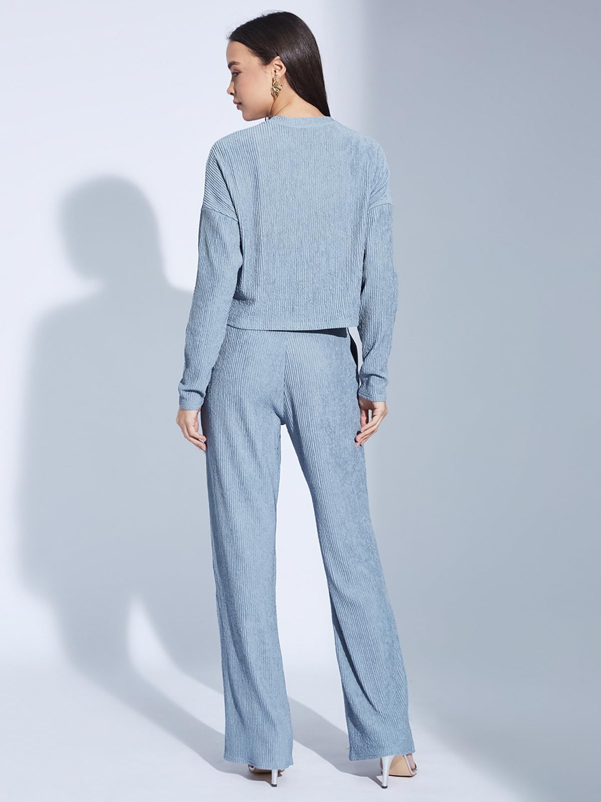 Selvia Women's Full Sleeve Textured Lycra Round Neck Top & Trouser 2 Piece Co-ords Set (759CTK11882N-L_Dusty Blue) - Image 2 thumbnail