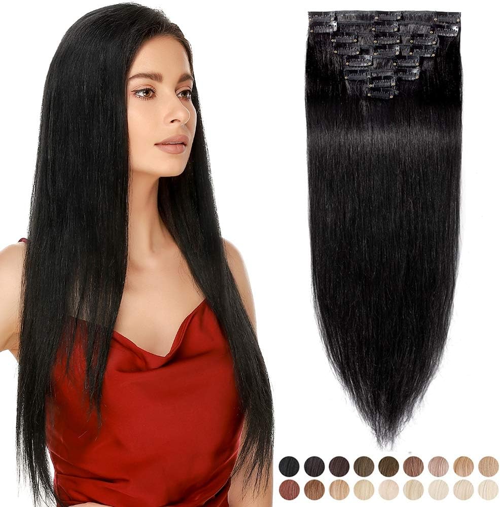 Elailite Extension Capelli Veri Clip Neri Super Invisibile 8 Ciocche