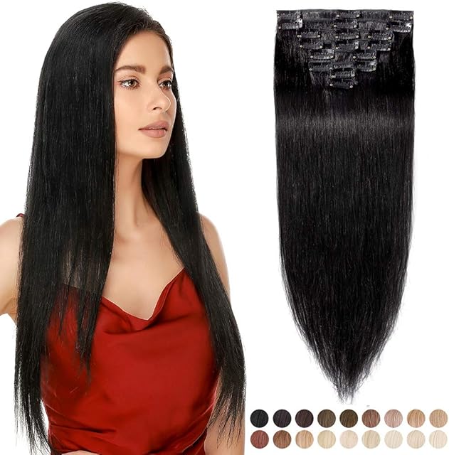 Elailite Hair Extensions Clip in Real Hair Remy Natural Human Hair - 8 Pieces Invisible Thin Weft Straight - #1 Jet Black - 8 Inch (45 g)
