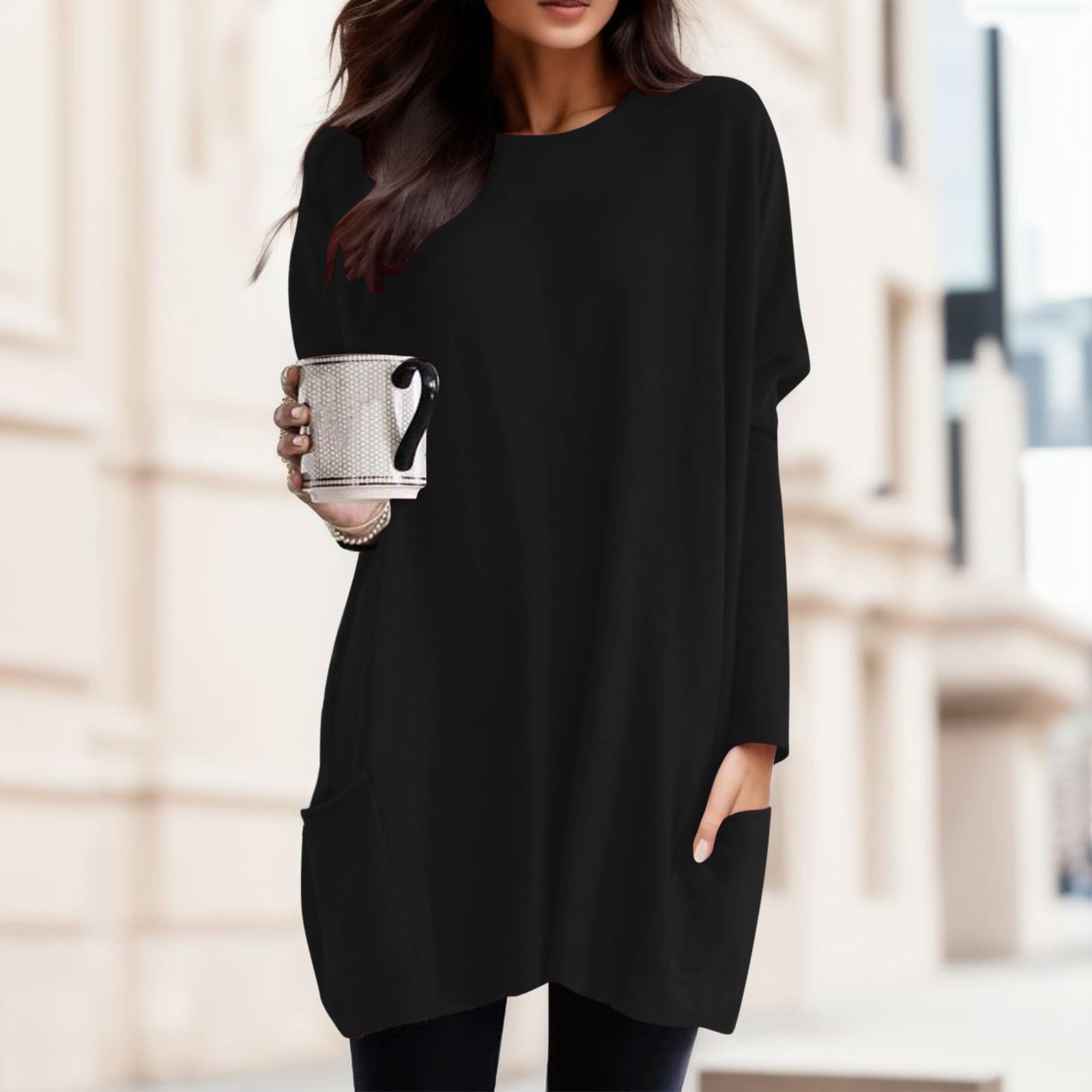 T-Shirt Manches Longues Femme - Col V Imprimé | Tunique Lâche Et Confortable | Haut Décontracté Automne/Hiver