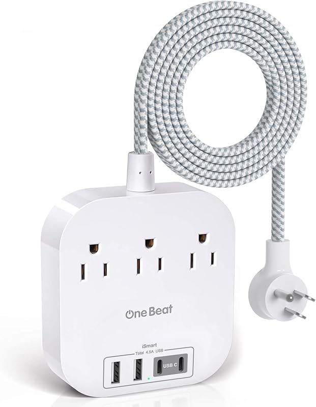 One Beat Power Strip with USB C, 3 Outlets 4 USB Ports (22.5W/4.5A), 6ft | Desktop Charging Station, Flat Plug, Braided Extension Cord, Non Surge Protector for Travel, Cruise Ship, ETL Listed