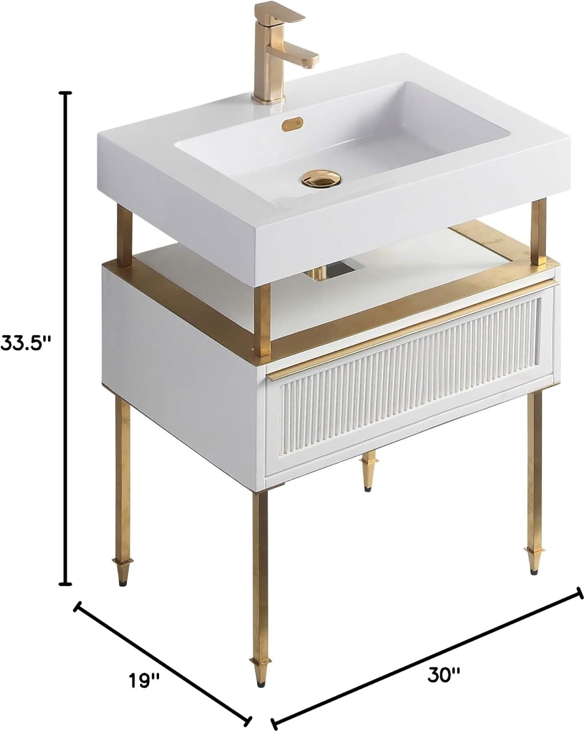 Fine Fixtures Dakota Collection 30 Inch Bathroom Vanity with Sink, Black Sink, White with Satin Brass Hardware, Full Assembly Required, Elegant Bathroom Vanities for Modern Homes
