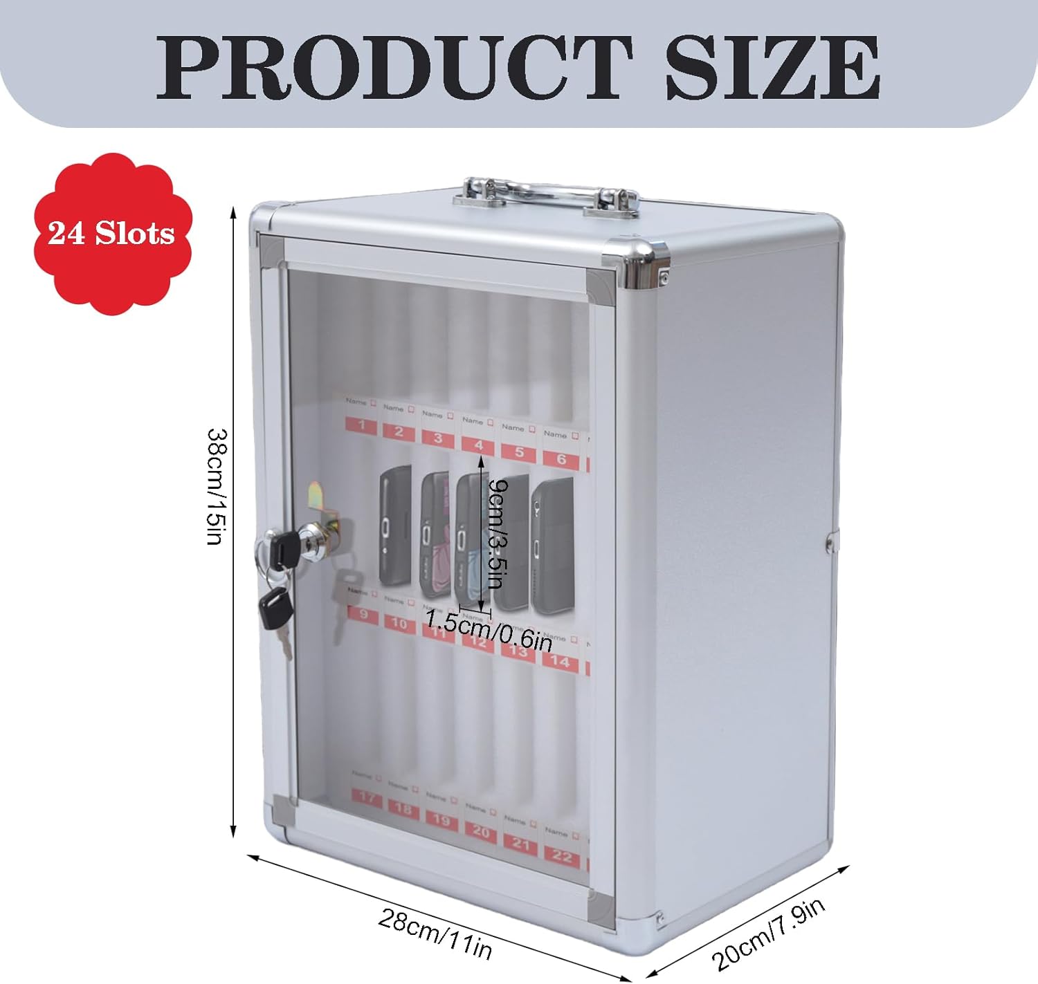 24 Slots Phone Locker, Mobile Phone Storage Cabinet, Pocket Lock Box with Key, Aluminum Alloy Wall Lock Box for Phone Portab