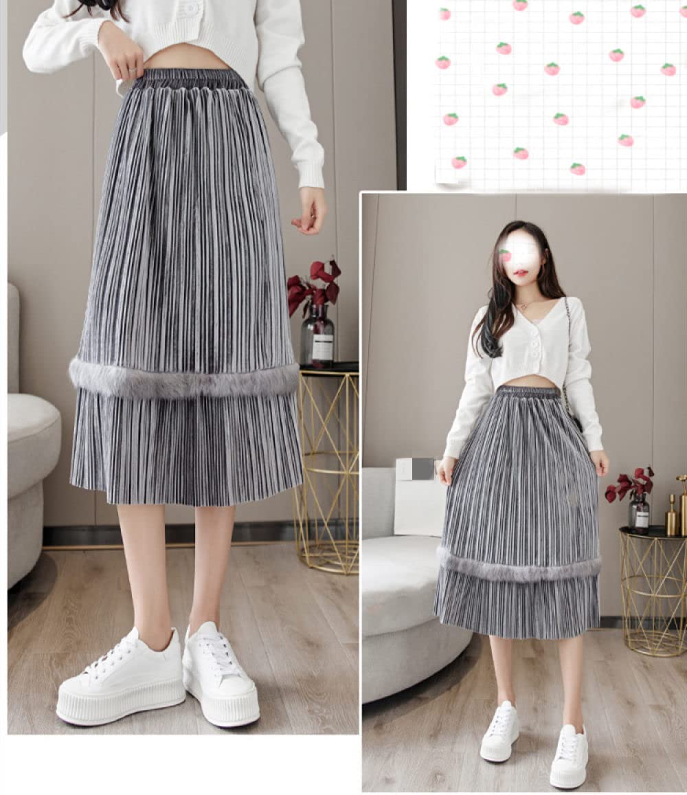 Faldas De Invierno para Mujer, Faldas Plisadas Grises De Terciopelo Dorado para Mujer, Falda Midi De Talle Alto con Cintura Elástica, Falda De Invierno, Faldas