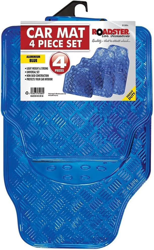 4pc Heavy Duty Blue Alloy Checker Plate Mat - Aluminium Effect Car Mats Set Van | Waterproof Weaterproof | Strong Pack Of 4 Rear And Front Mats
