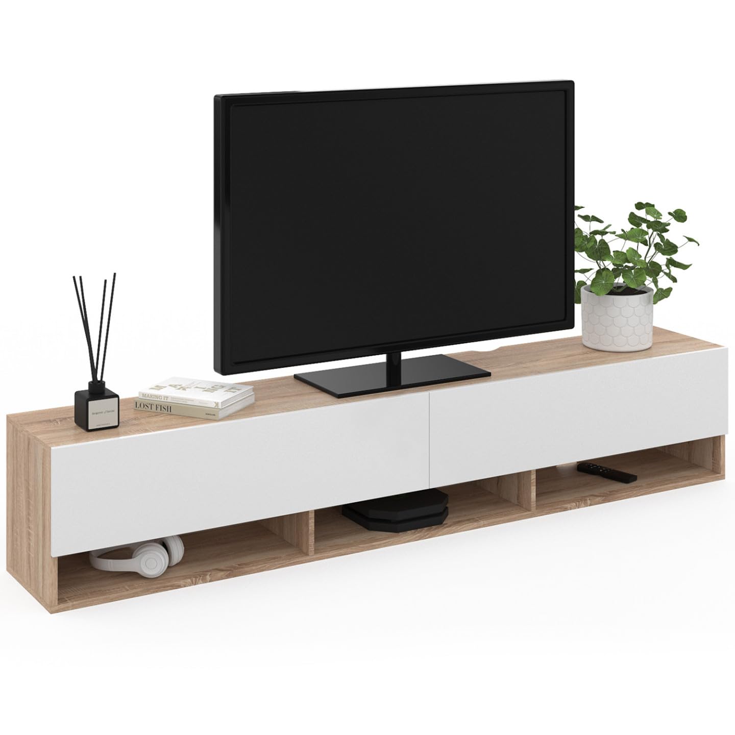 IDMarket - Mueble TV 180 cm Colgante Elio 2 Puertas con estante, Madera y Blanco