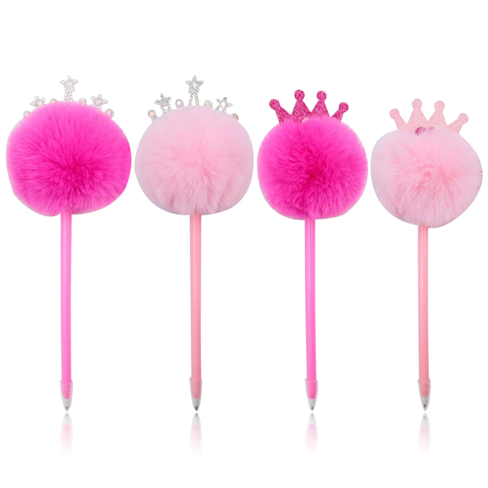 4 PCS Pink Fluffy Pen Crown Scepter Pom Pom Ballpoint Pens, Fluffy Ball Pens Cute Novelty Funky Fun Plush Pens Pastel Writing Pens School Supplies for Women Girls for Party and Office (Pink)