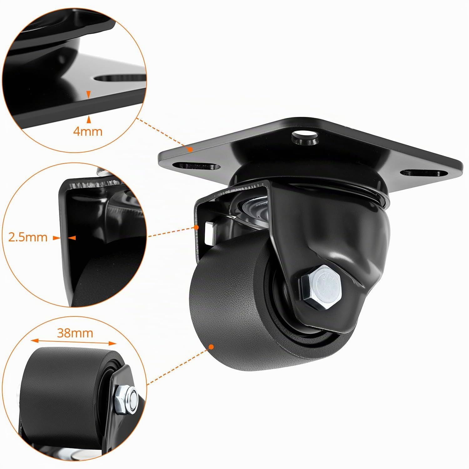 QWORK® Set di 4 Ruote Girevoli Carichi Pesanti 50mm con Freno, Capacità 500KG, Silenziosa e Antivibrazione - Rotelle per Mobili, Carrello, Workshop
