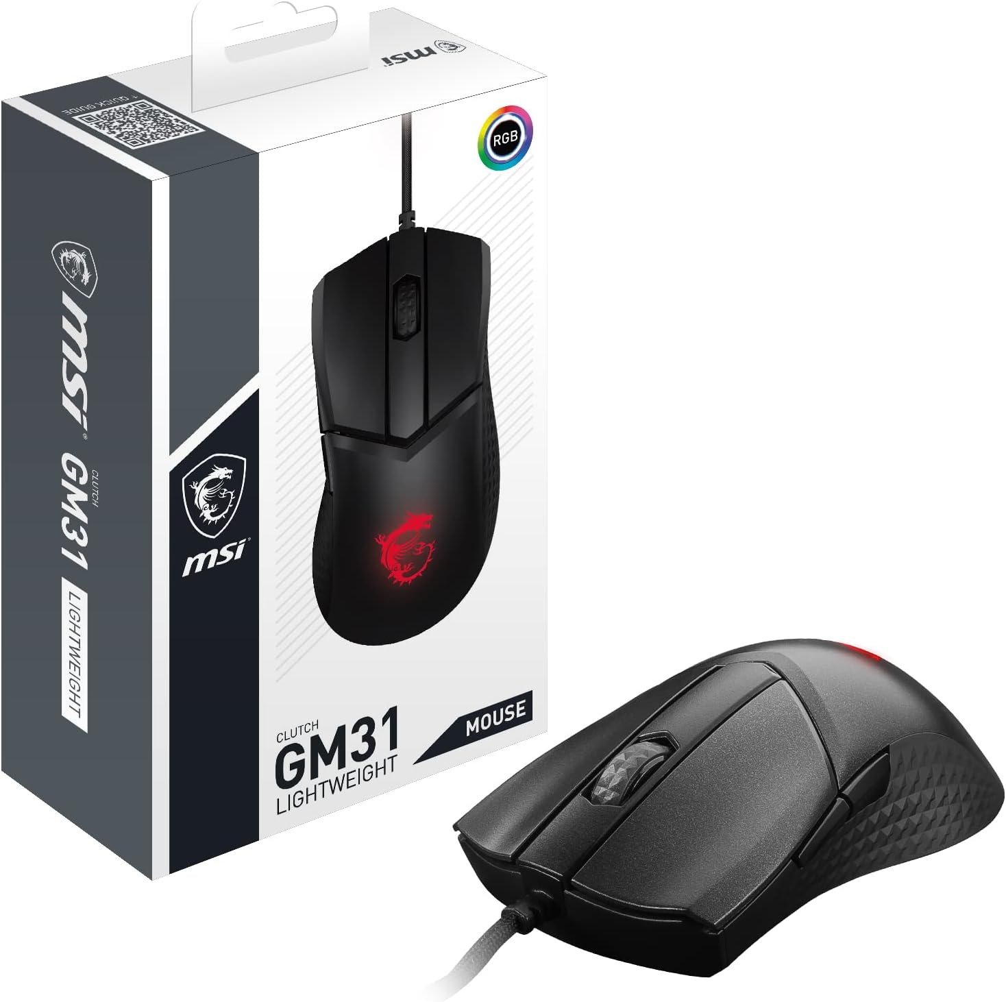 MSI Clutch GM31 Lightweight Gaming Mouse - 12000 DPI Optical Sensor, Right-Handed, 60M+ Click OMRON Switches, 6-Buttons, FriXionFree Cable, 1ms Latency, RGB Mystic Light, 58g - Wired