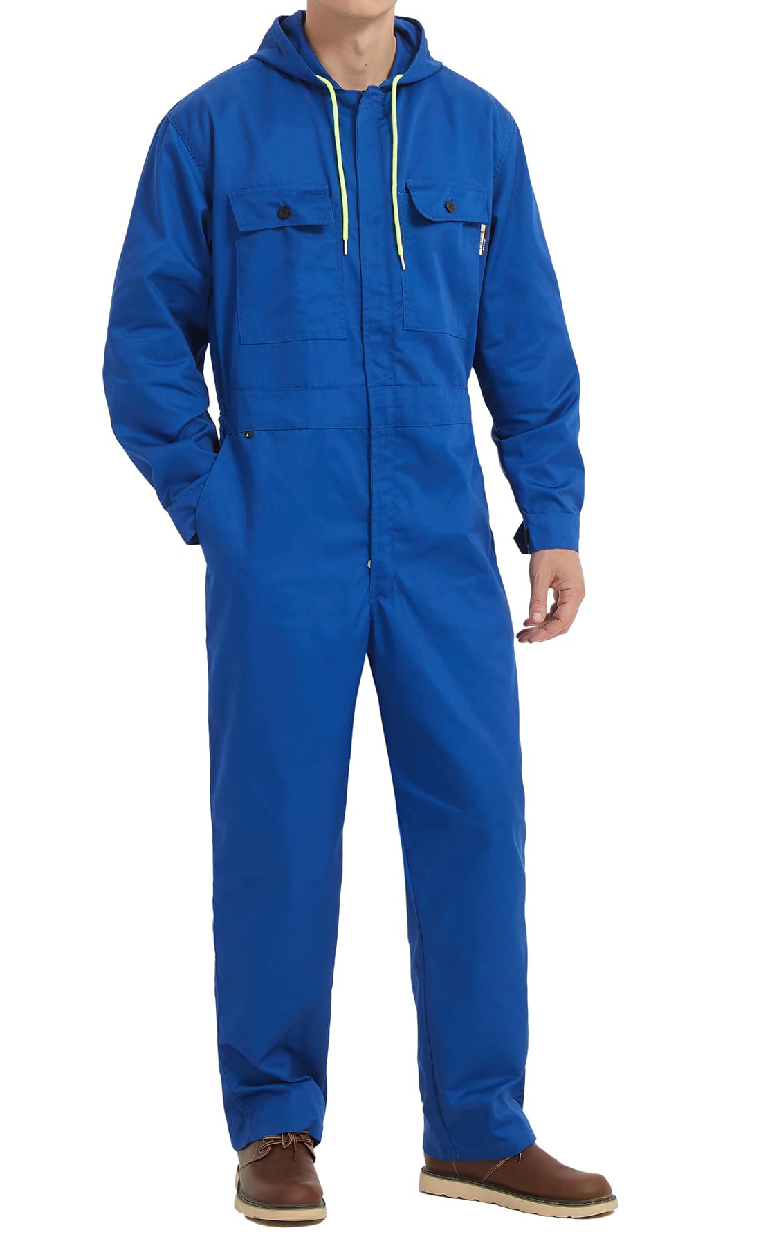 Yukirtiq Mens Hooded Overall Work Wear Dungarees Coverall Polycotton Boiler Suit Hard Wearing Mechanics Boilersuit, Royal Blue, L