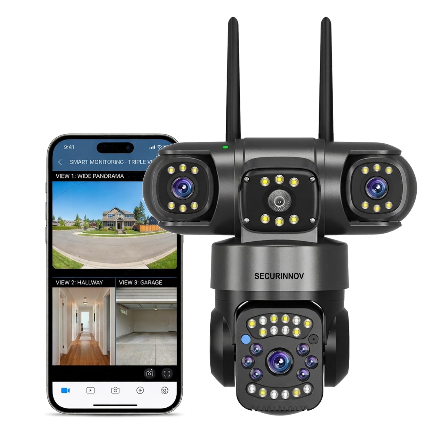 Triple Lens 4K Ultra HD PTZ WiFi Security Camera | 3 Camera Screens AI Human Detection, 360° Rotation, IP66 Waterproof, Motion Alerts, Multi-User View & TF Card Support Camera (3LENS PTZ)-image-2