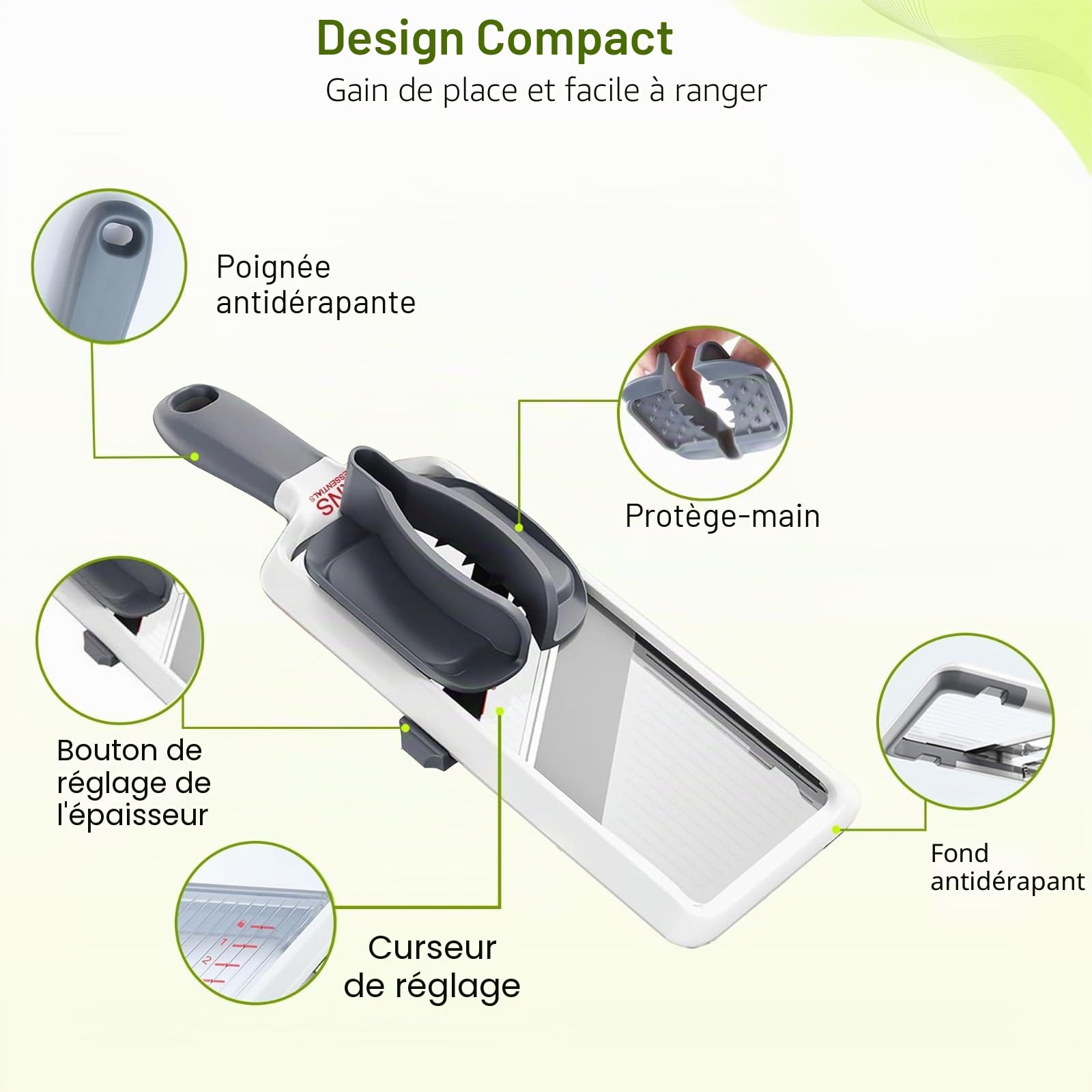 Mandoline pour cuisine - Lames réglables en acier inoxydable avec prise en main confortable - Trancheuse de légumes pour concombre, oignon, pomme de terre de petite et moyenne taille - Gris