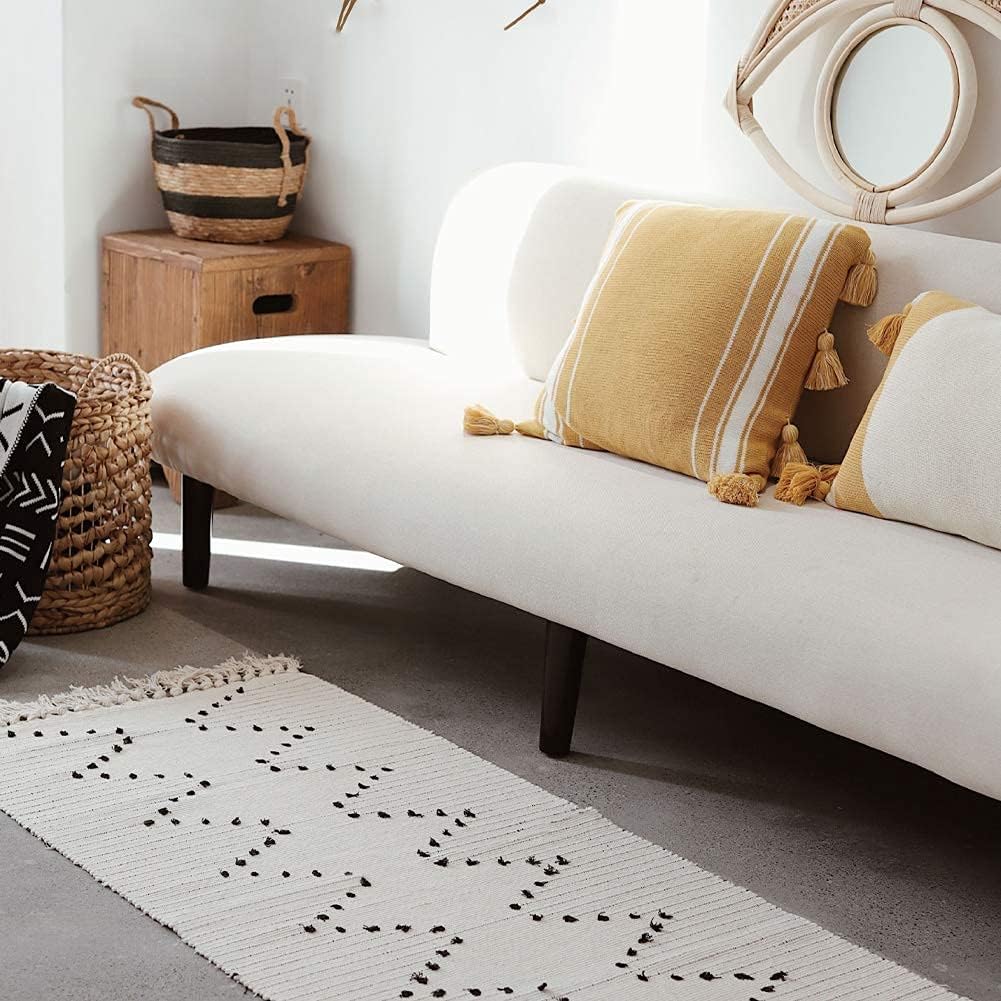 idee-home Boho Rug, Boho Kitchen Rug Runner Washable, Boho Bathroom Rug Woven Small Cotton Bohemian Tribal Farmhouse Tassels Bedroom Hallway Moroccan Bath Mat 2'x4.3'