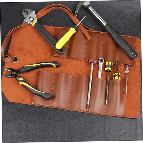 Miniatura 3 de Herramienta rollo de cuero bolsa bolsa 10 bolsillos multiusos organizador envoltura para carpintería alicates llave llave inglesa marrón claro