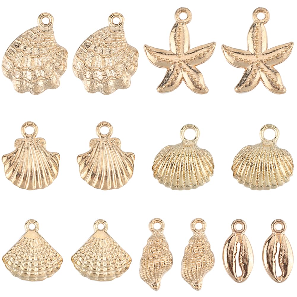 SUNNYCLUE 1 Box 56Pcs 7 Styles Sea Animal Charm Ocean Charms Gold Bulk Shells Conch Scallops Starfish Beach Animals Cute Charm for Jewellery Making Charms Necklace Bracelet Earring Keychain DIY Crafts