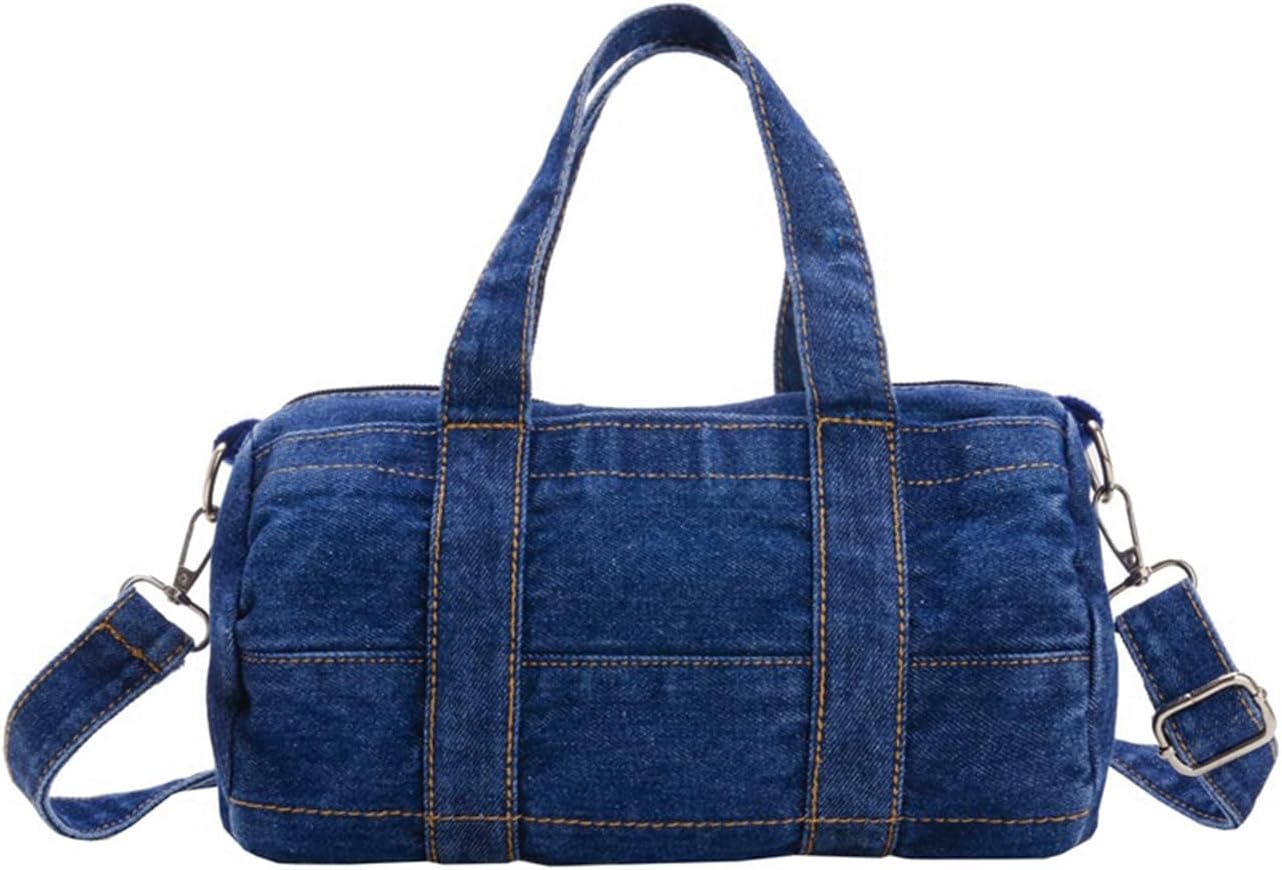 Denim Purse Barrel Crossbody Shoulder Bag Jean Minimalist Satchel Top Handle Round Bucket Handbag with Zipper