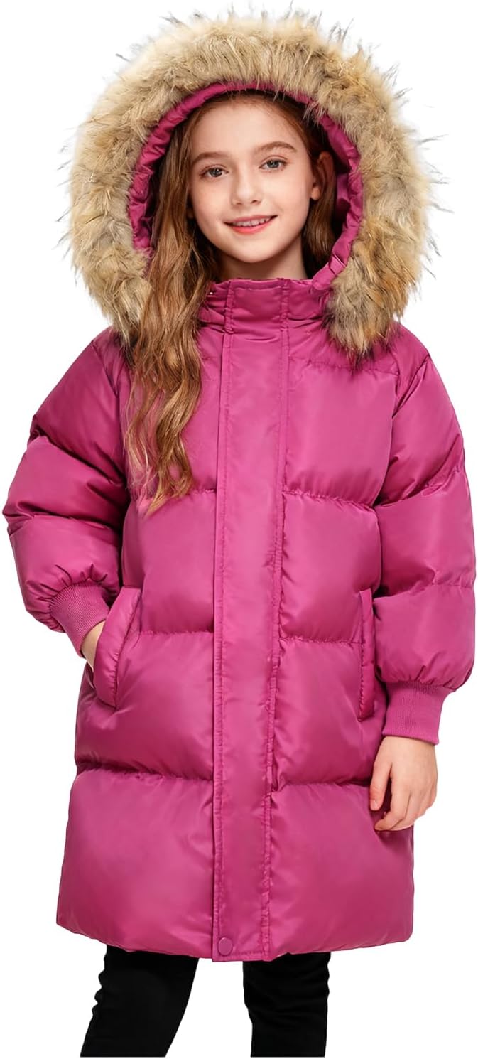 Girl's Winter Coats Warm Fleece Lined Outwear Ski Jacket Long Thicken Thermal Zipper Hoodie Down Jacket With