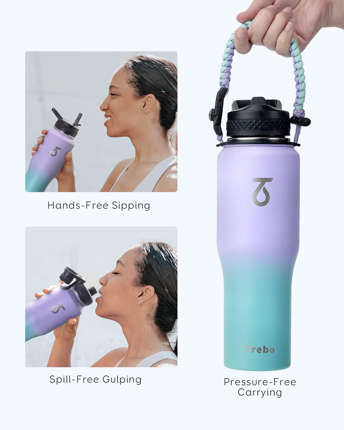 Trebo 32oz Insulated Water Bottle that Fits in Cup Holder, Stainless Steel Double Wall Tumbler Bottles with Paracord Handle, Flask with Straw Spout Lids, Keep Cold for 48 Hrs/Hot 24 Hrs,Cotton Candy - Image 4